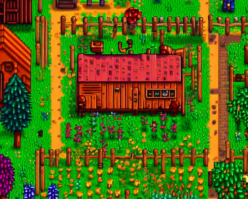 Pixelated farm scene with animal coop, plants, character, trees, and mailbox by road