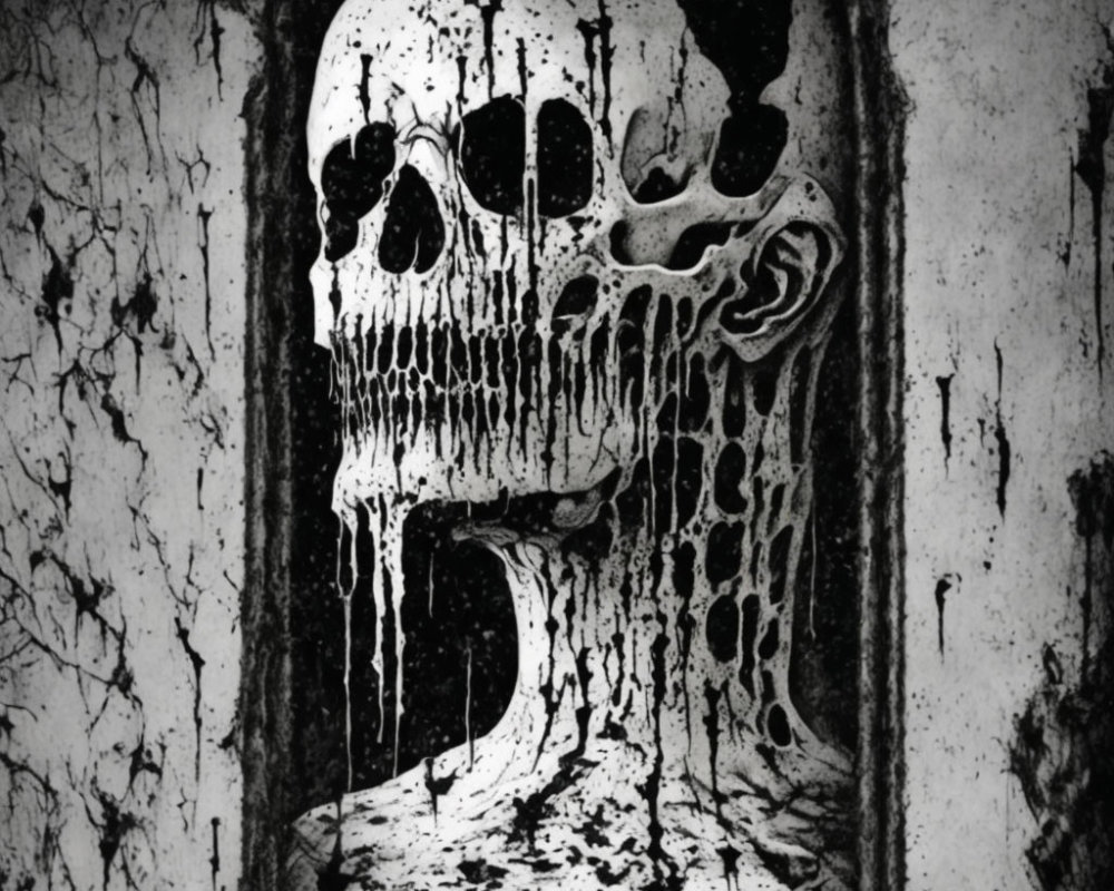 Monochrome melting skull with dark liquid on cracked background