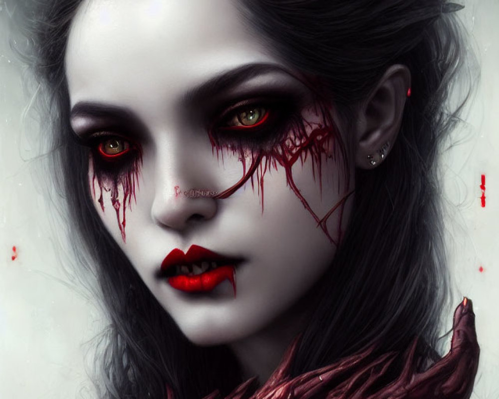 Gothic female digital portrait with horns, green eyes, dark hair, blood tears