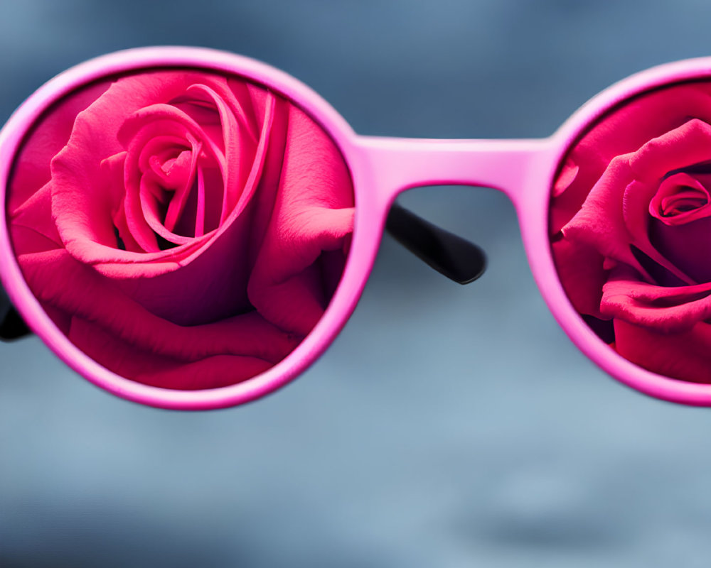 Pink Sunglasses with Rose Reflections on Blurry Blue Background