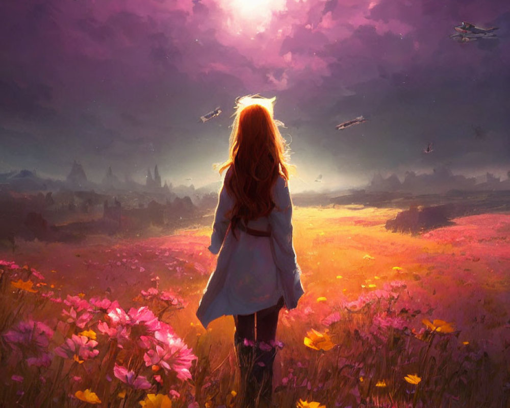 Red-haired girl in flower field under sunset sky with ships and castle