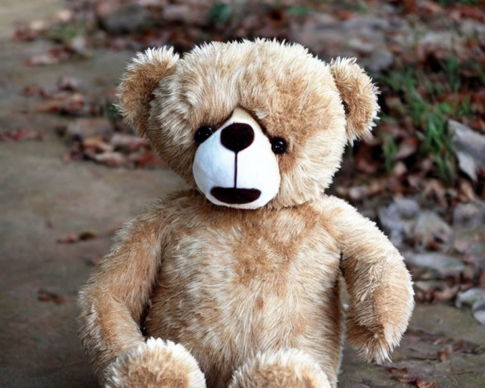 Brown plush teddy bear with snub nose on gray pavement