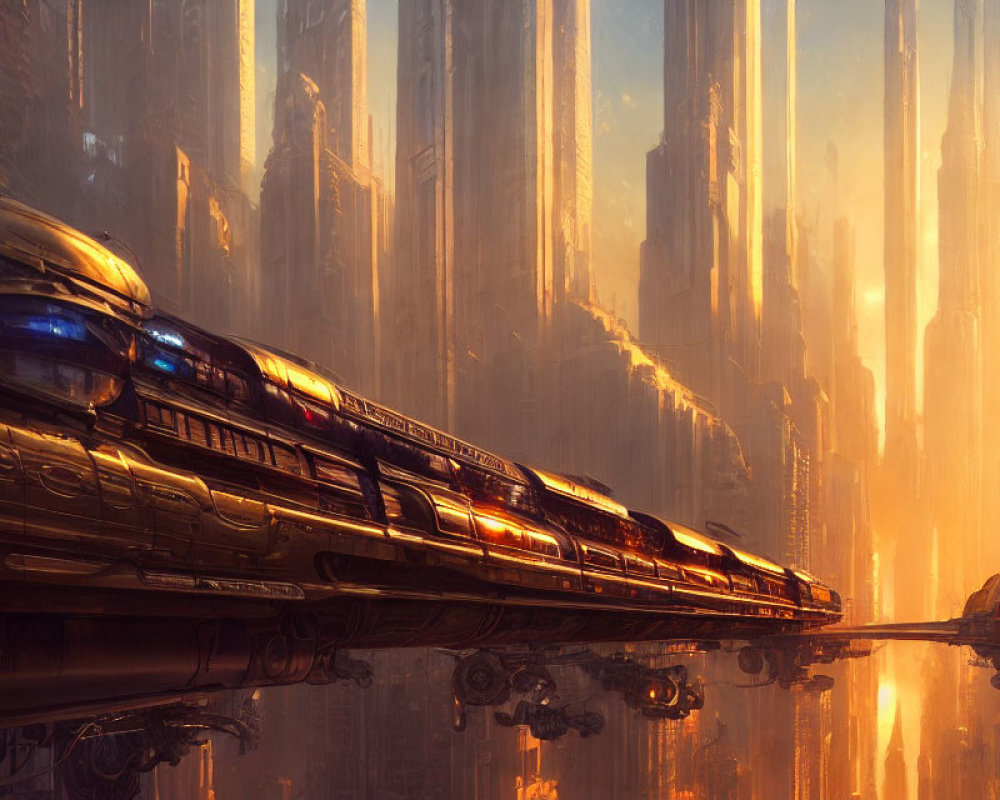 Futuristic train in golden-lit city with skyscrapers.