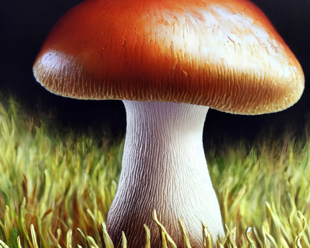 Vibrant orange mushroom with glossy cap on mossy background