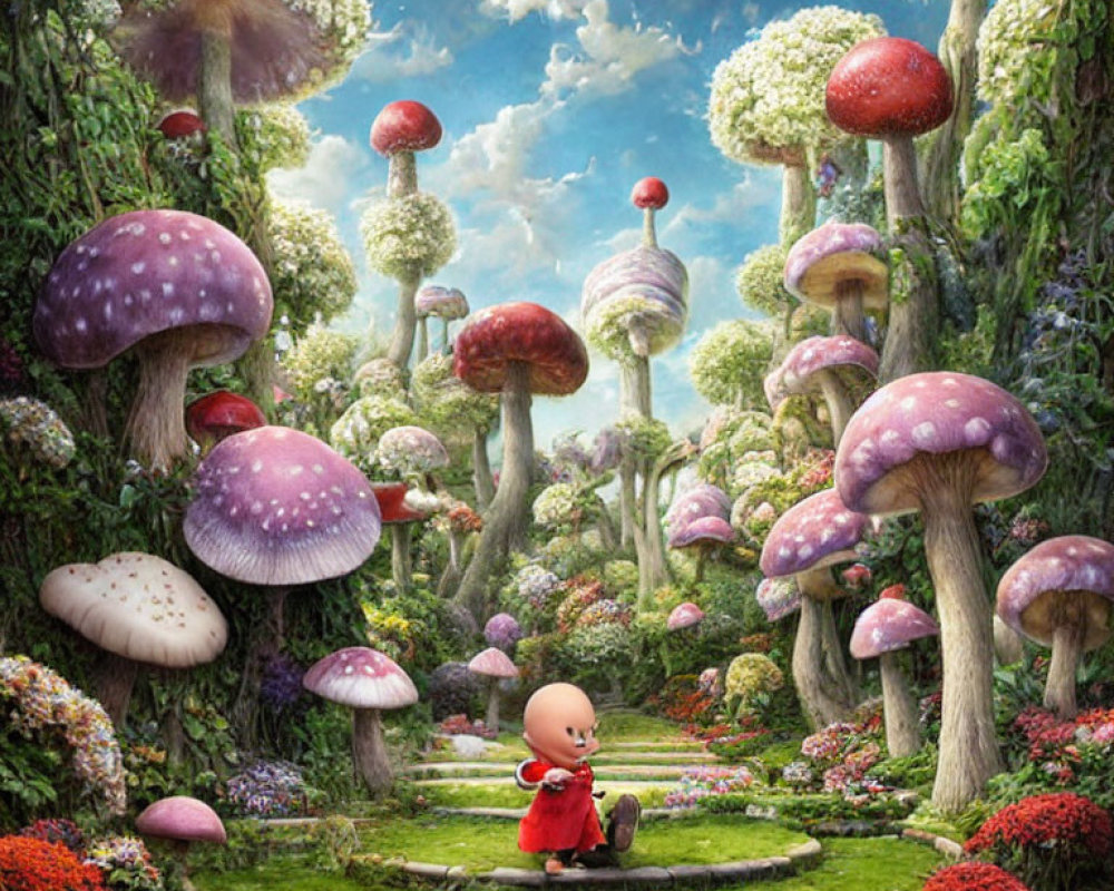 Colorful Oversized Mushrooms in Whimsical Forest Scene