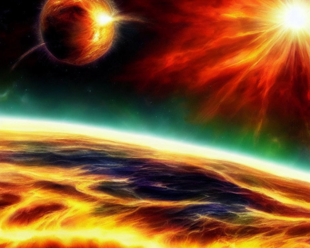 Bright star, planet, and fiery surface in vibrant space scene