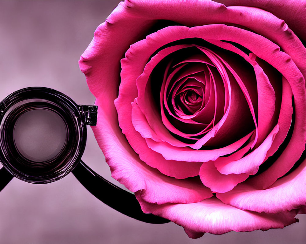 Vibrant pink rose and black spectacles on muted background