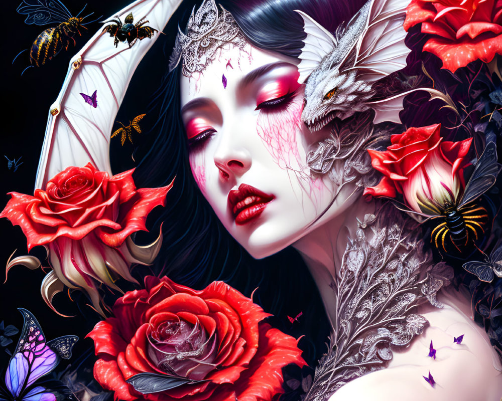 Fantasy portrait of woman with pale skin, red roses, butterflies, owl, lace, and jewels