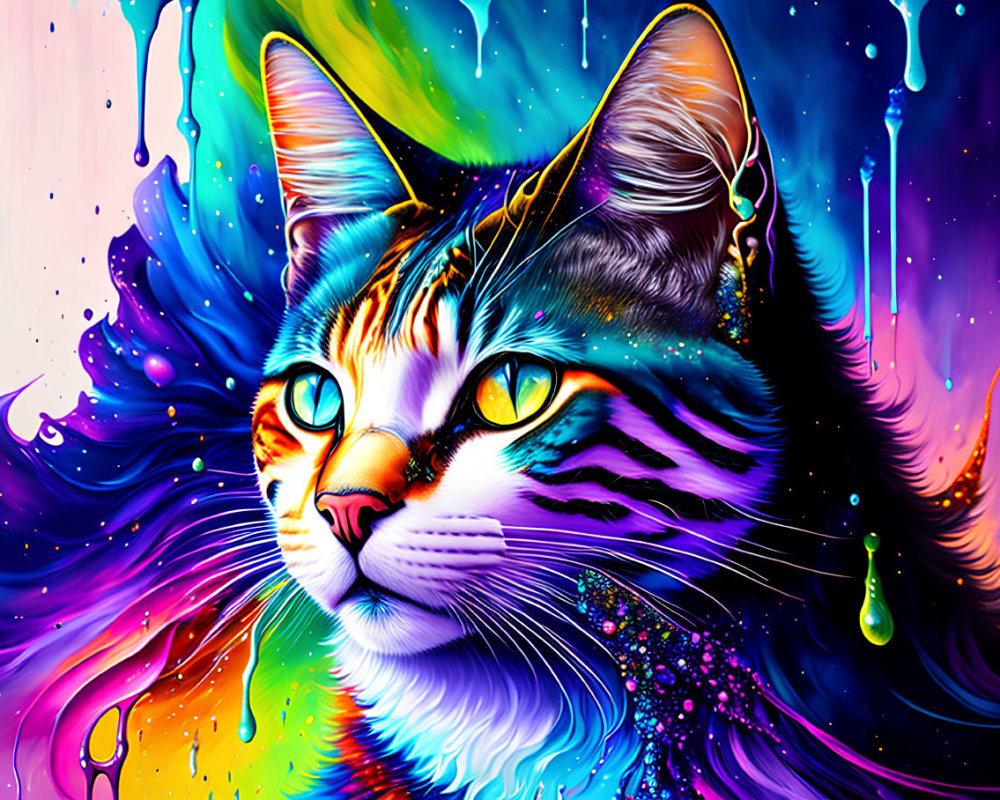 Colorful Cat Artwork with Rainbow Hues and Paint Drips on Dark Background