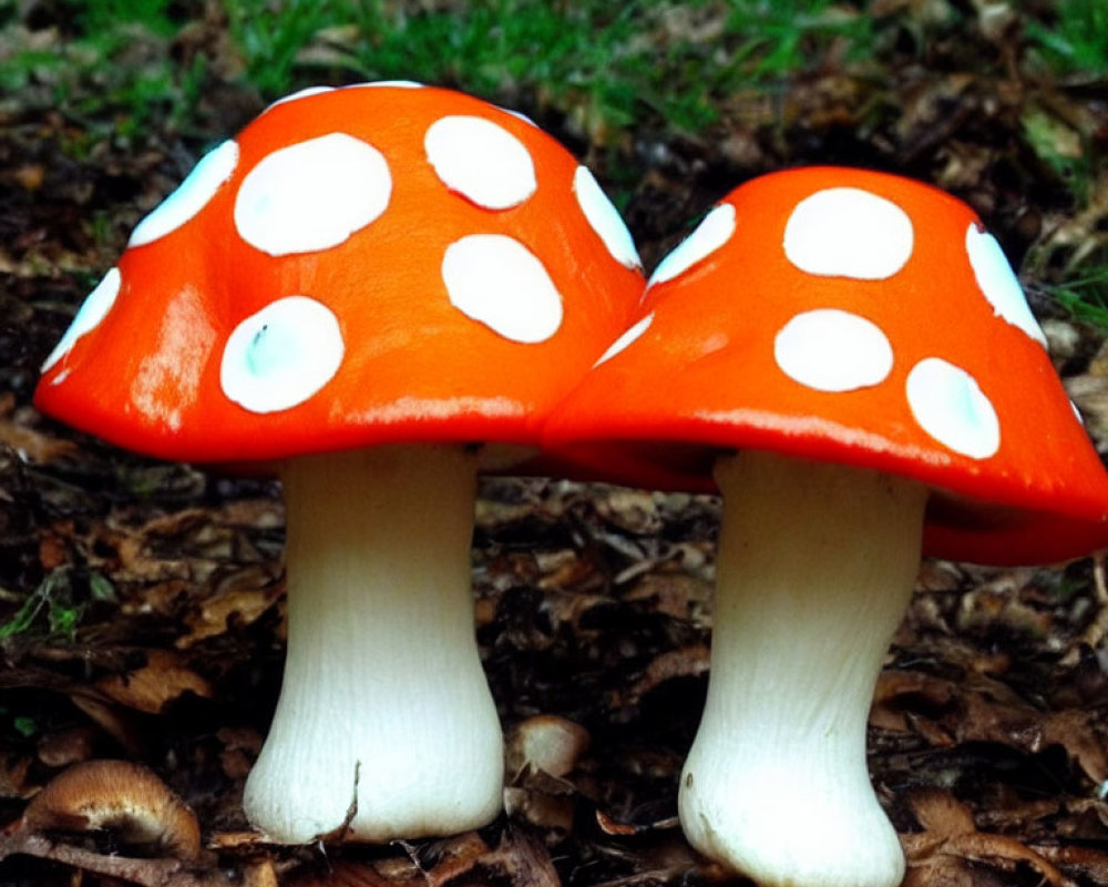 Vibrant red mushrooms with white spots on forest debris