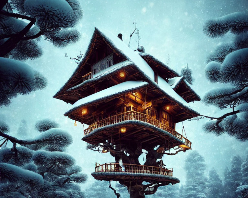 Traditional Japanese House on Tree: Snowy Pine Trees & Starry Night Sky