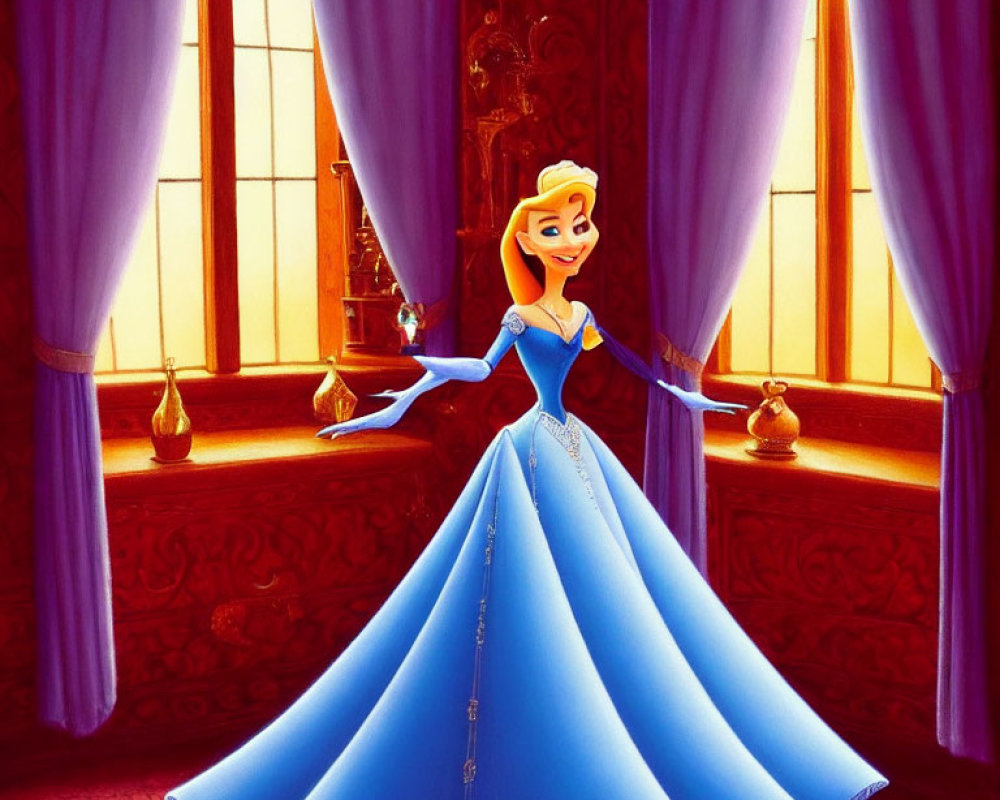 Animated princess in blue gown in royal room with purple drapes