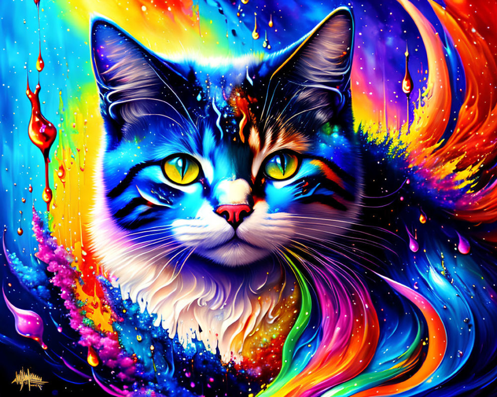 Colorful digital artwork: Cat with mesmerizing gaze in swirling, psychedelic backdrop