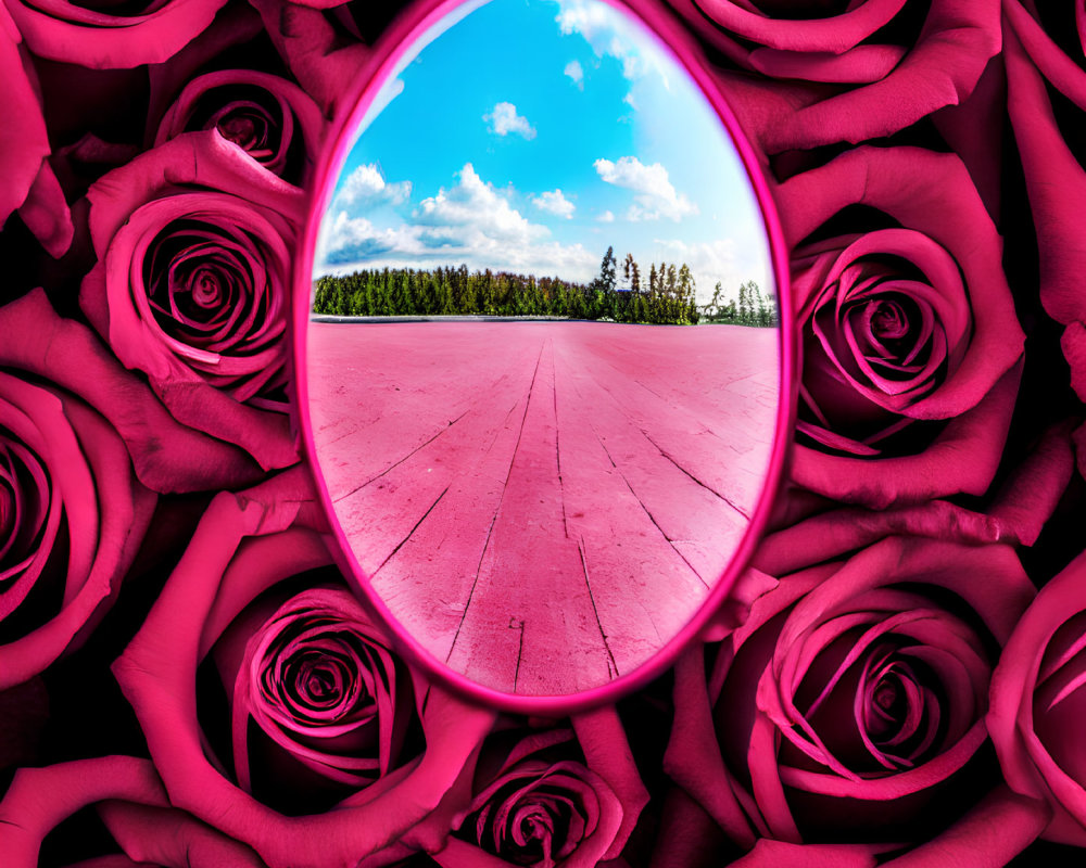 Circular mirror reflecting blue sky and tree line on pink surface with pink roses