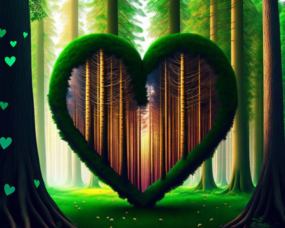 Heart-shaped opening in lush forest with sunlight filtering through trees