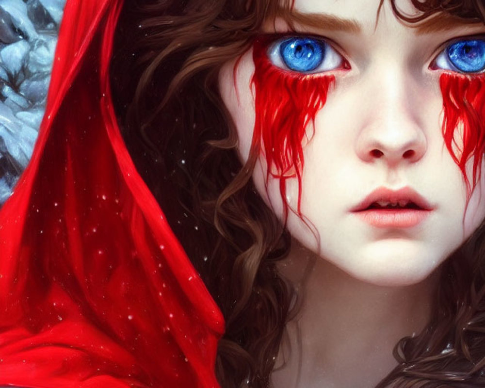 Digital artwork: Girl with blue eyes and red hood in snowy landscape