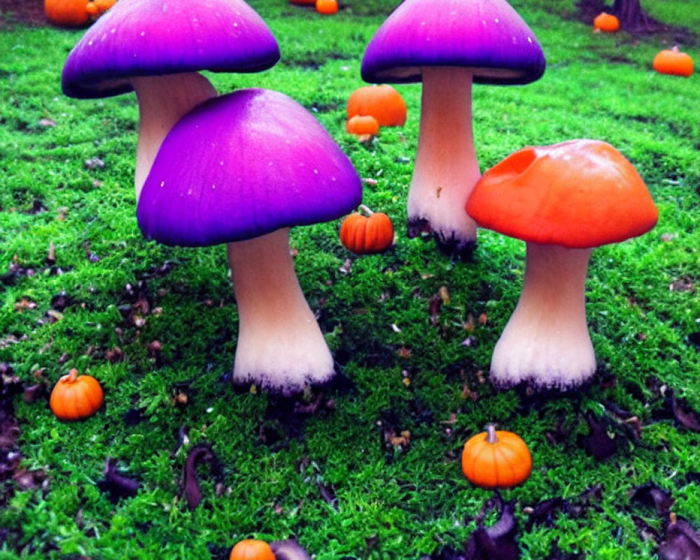 Colorful Purple and Orange Mushrooms with Miniature Pumpkins on Mossy Ground