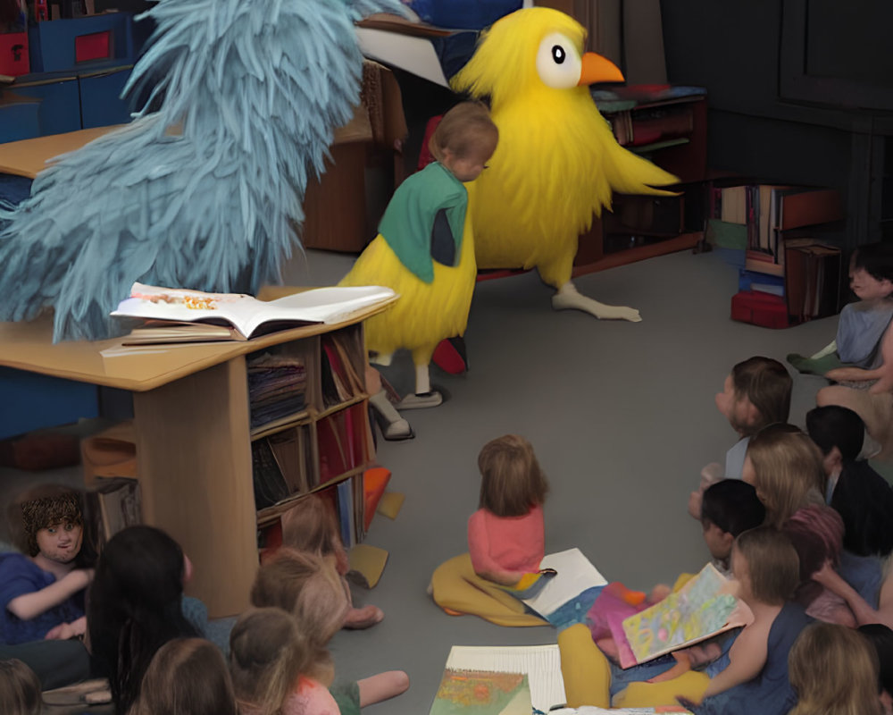 Classroom Scene with Children, Colorful Bird-Like Creatures, and Smiling Teacher