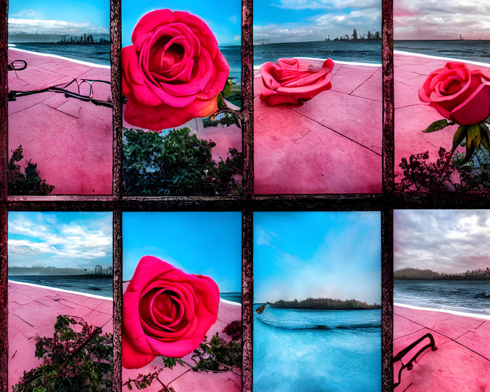 Collage of Red Rose Contrasted with Tranquil Outdoor Scenes