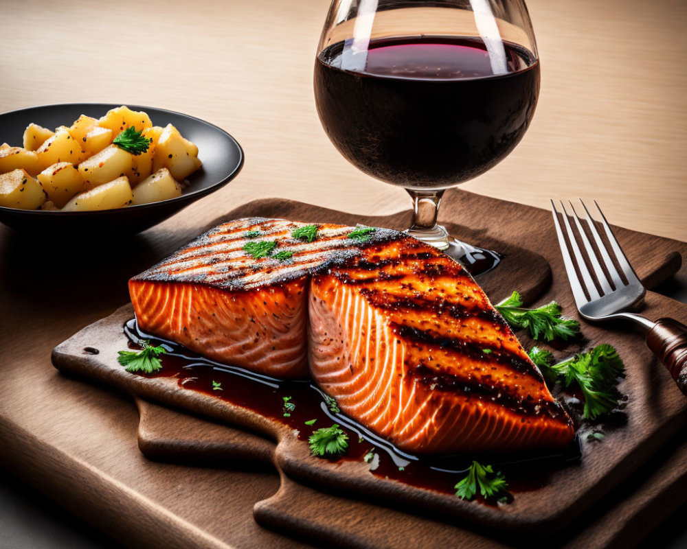 Grilled Salmon Fillet with Grill Marks, Parsley, Red Wine, and Seasoned Potatoes