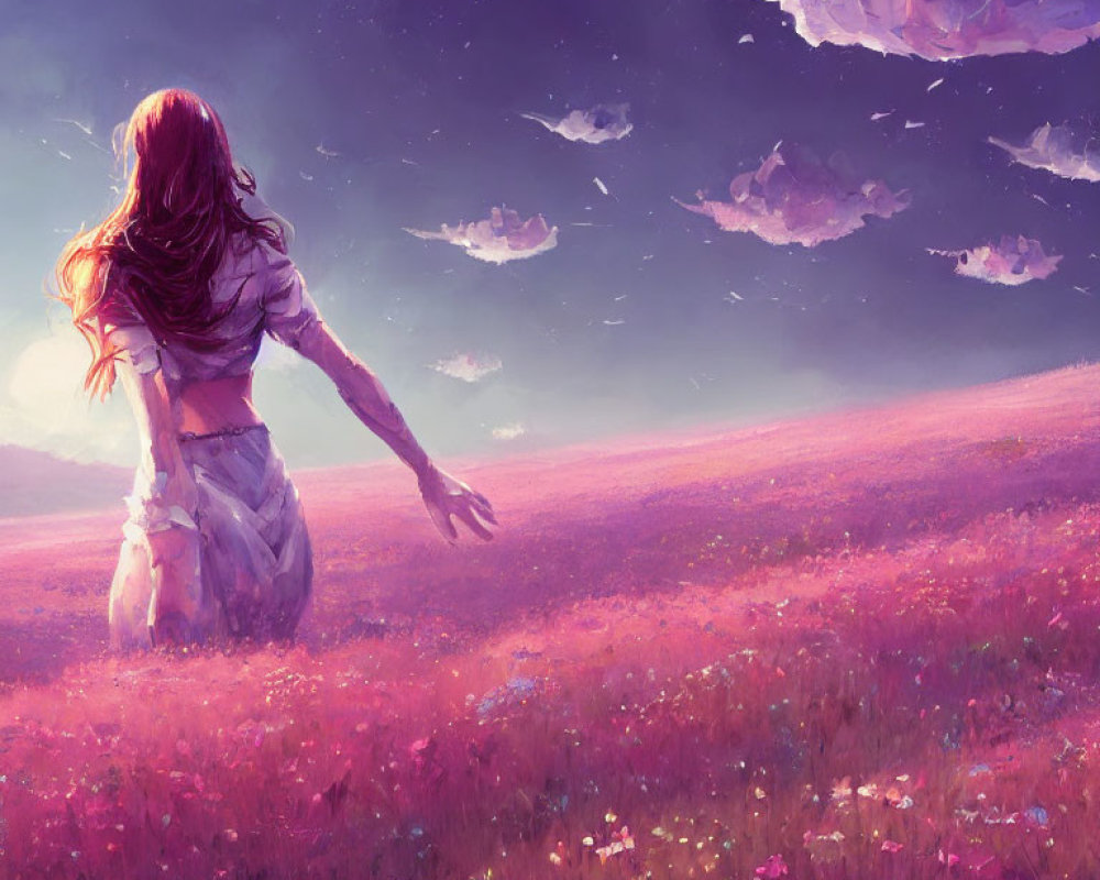 Woman running in vibrant pink flower field under surreal sky