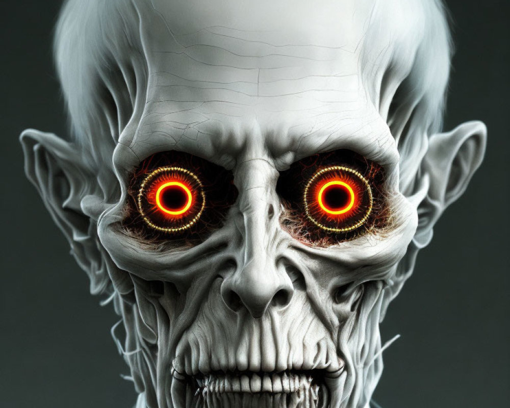 Digital artwork: Sinister figure with glowing red eyes and skull-like features in a suit.