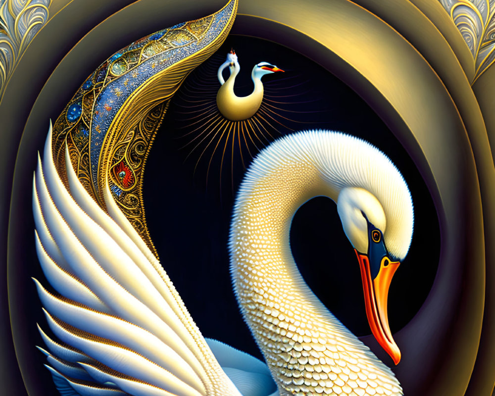 Detailed white swan with ornate wings in golden concentric patterns.