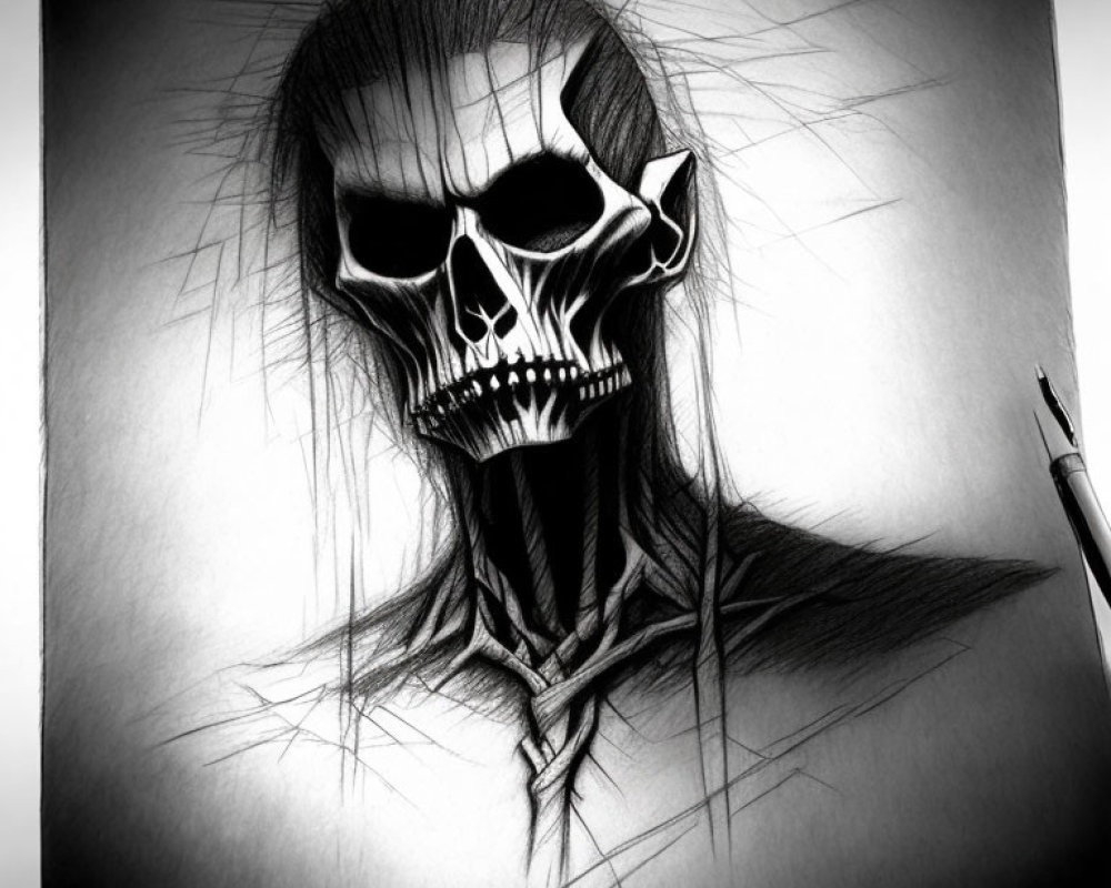 Detailed Sinister Skull Drawing with Shadows and Textures on the Surface