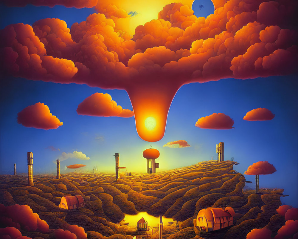 Fantastical landscape with molten sun, industrial towers, houses, and drifting balloon