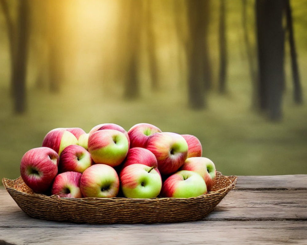 Woven basket with red and green apples on forest background in warm sunlight