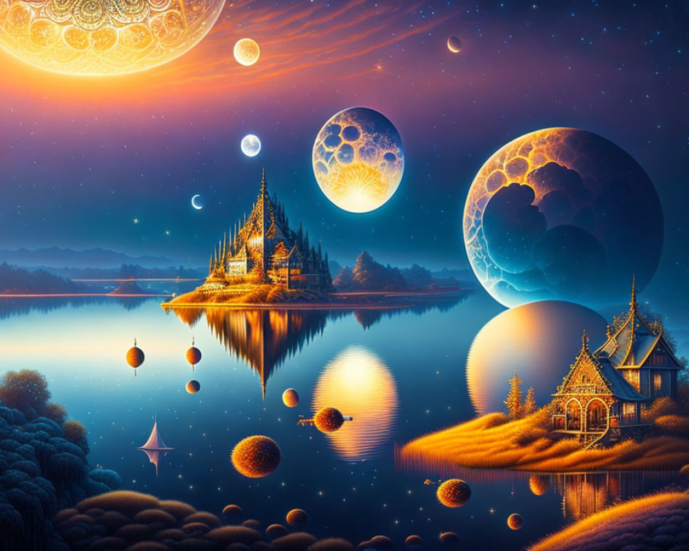 Vivid fantastical landscape with celestial bodies, reflective water, ornate structures, floating islands, and