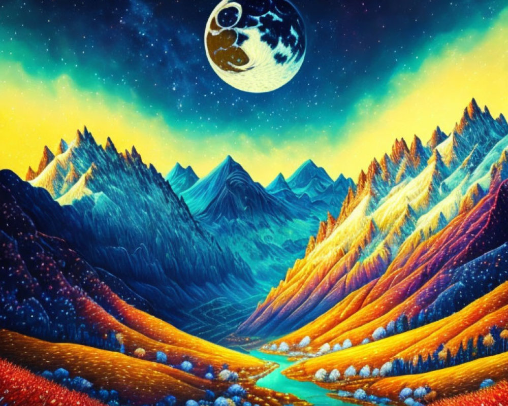 Colorful surreal landscape with mountains, river, stars, and celestial bodies