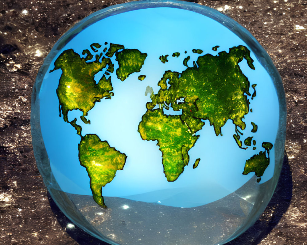 Detailed Earth continents map on glass globe with reflective surface