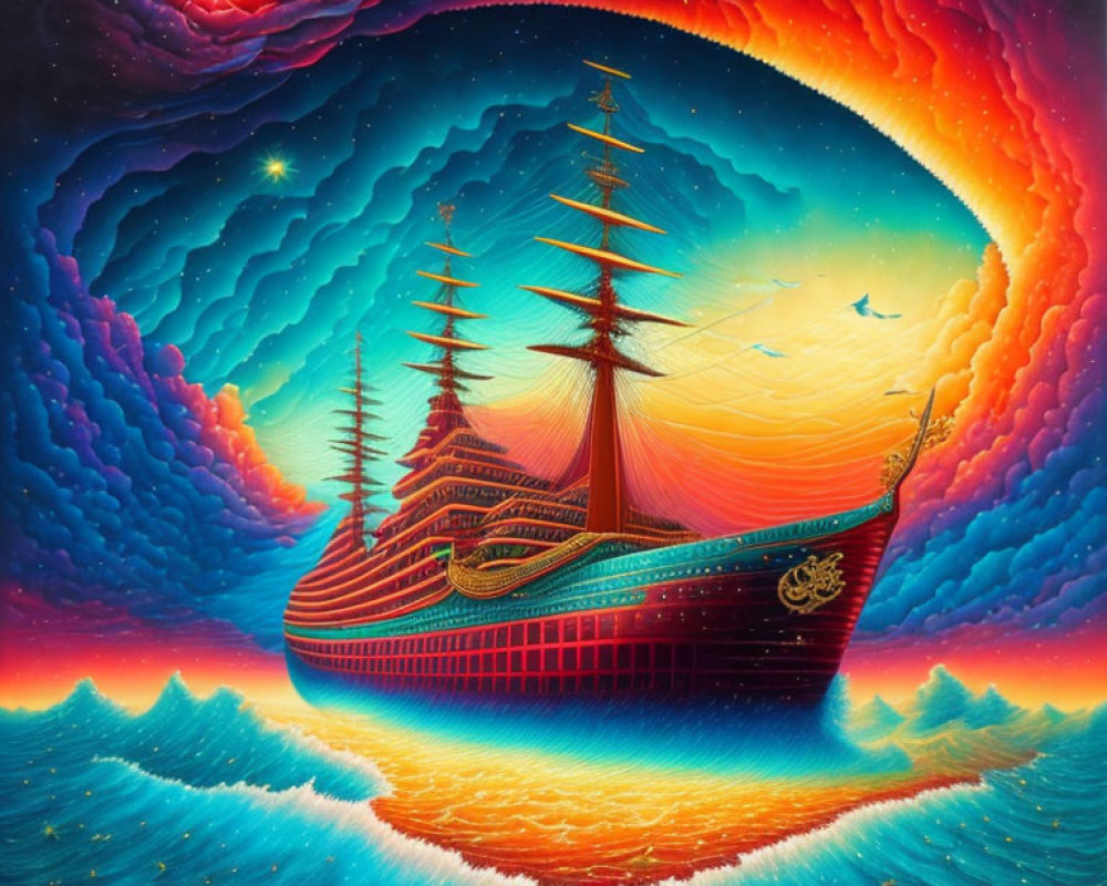 Colorful surreal painting of ship sailing on wavy ocean with fiery sun and swirling sky