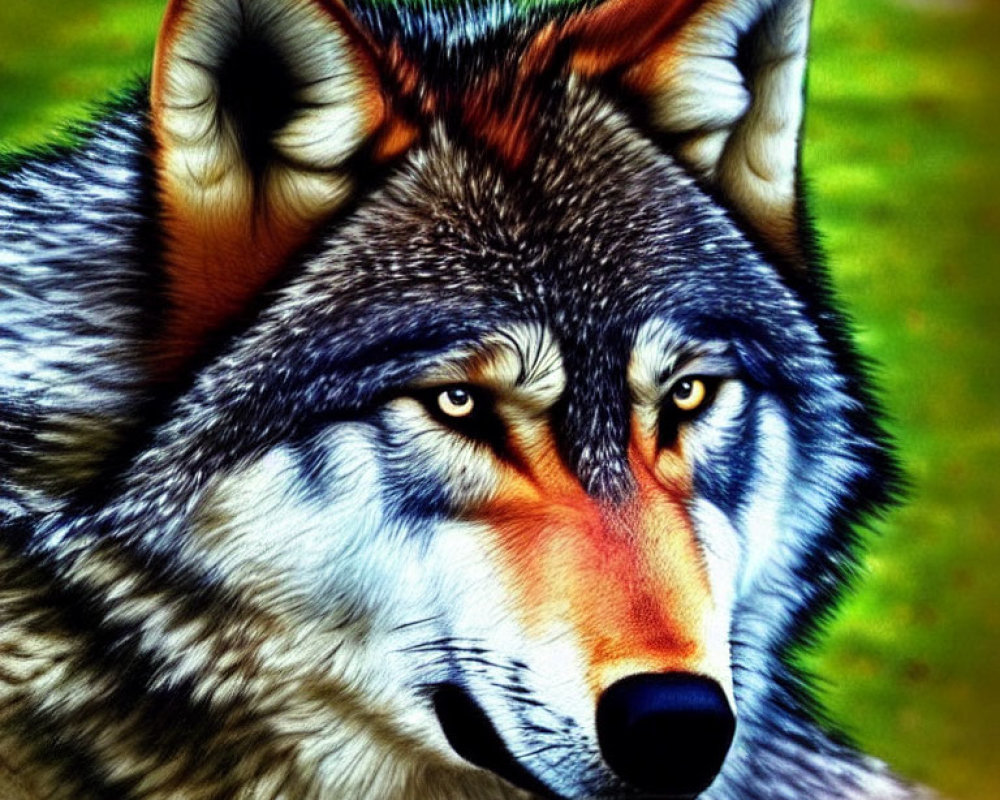 Colorful Digital Portrait of Wolf with Yellow Eyes and Detailed Fur Texture