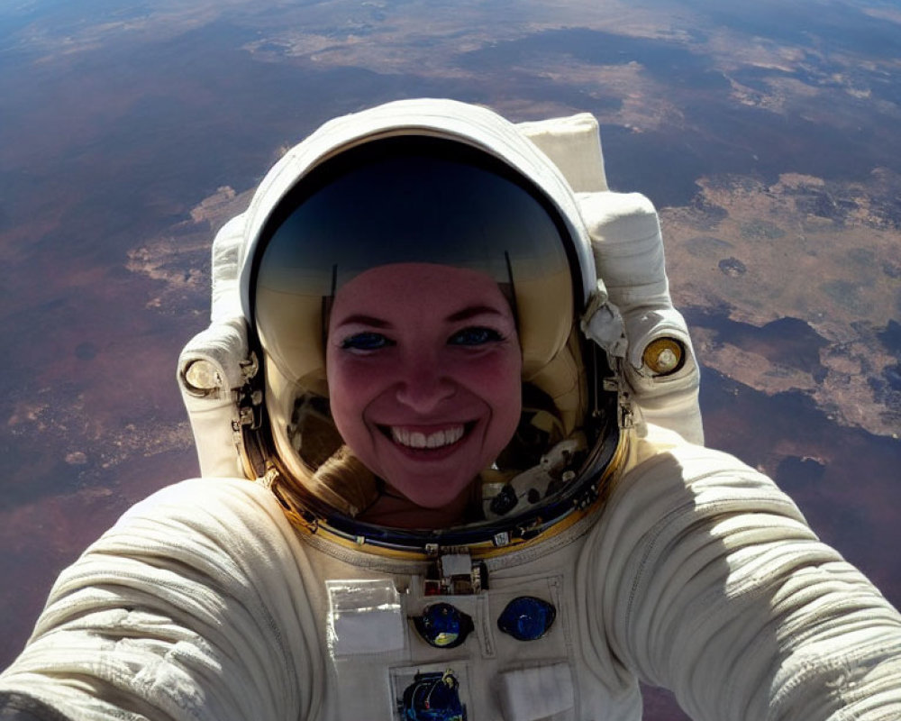 Astronaut selfie in space suit with Earth's horizon.