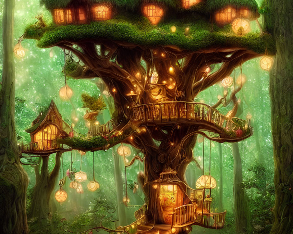 Whimsical treehouse with multiple cabins in lush forest