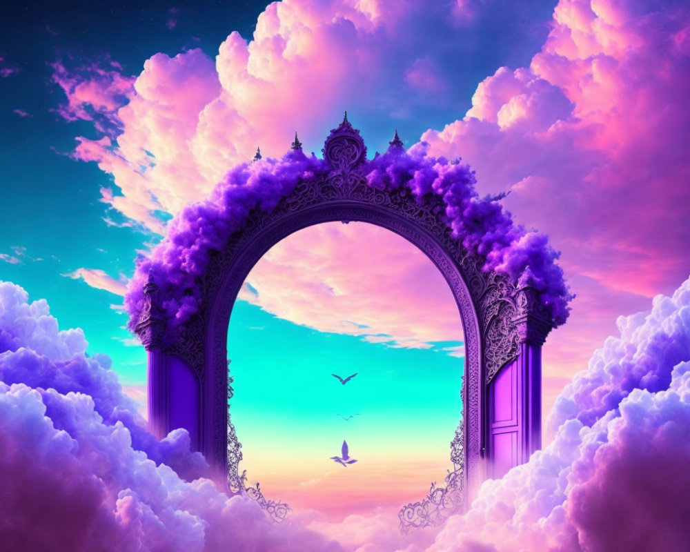 Ornate archway framing vibrant purple and pink sky with fluffy clouds