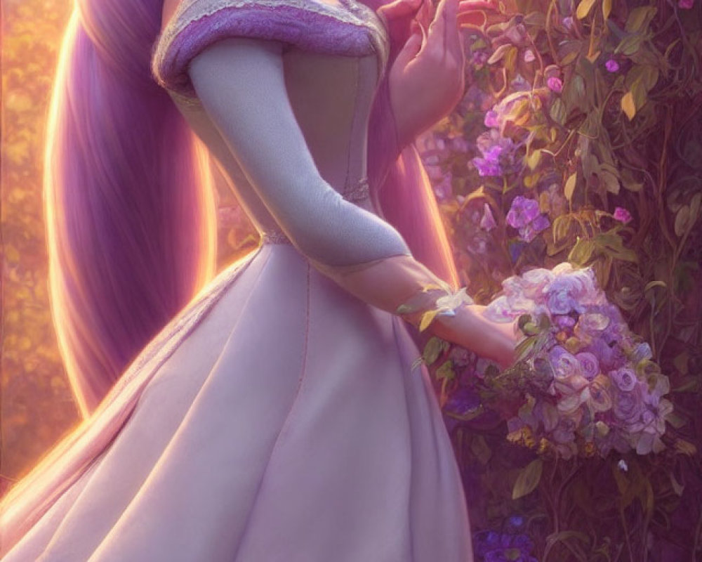 Animated woman with long purple hair in a lilac dress in sunlit garden with flowers.