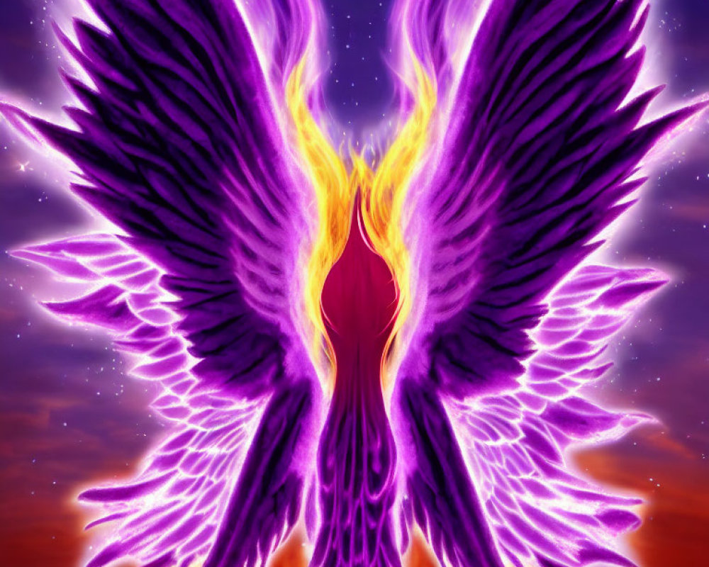 Symmetrical Purple Phoenix Wings in Fiery Cosmic Scene