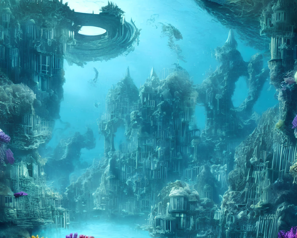 Underwater city with coral formations, ruins, and tunnels in deep blue oceanic setting