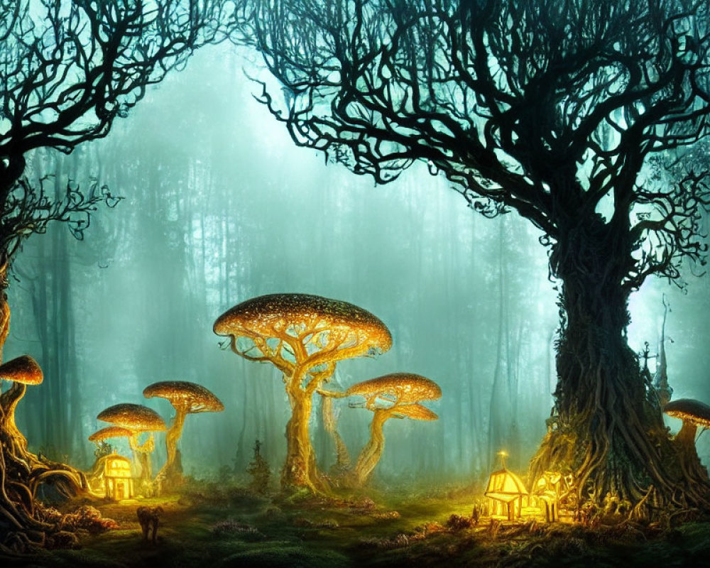 Enchanting forest scene with glowing mushrooms, illuminated houses, and foggy ambiance