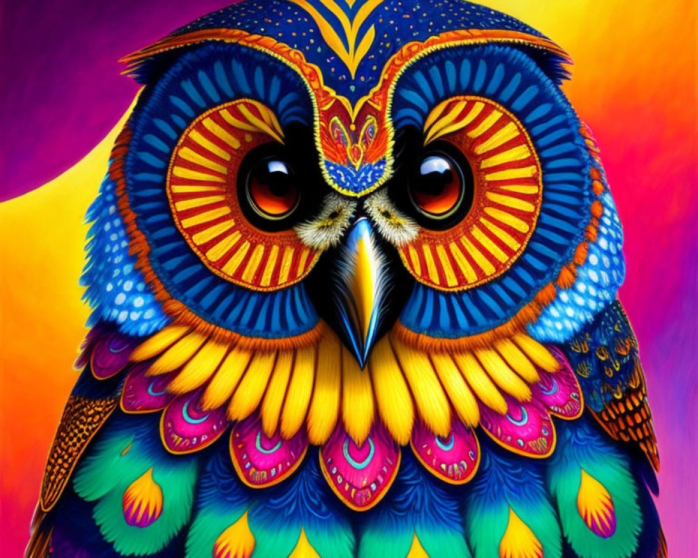 Colorful Owl Artwork with Intricate Patterns and Luminous Background