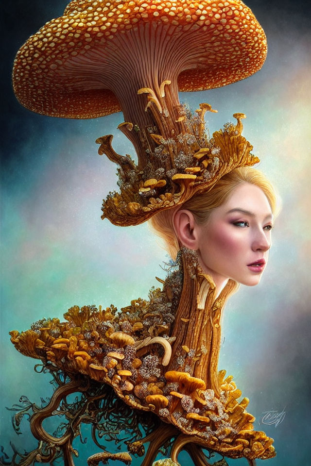 Digital artwork: Woman's profile merges with surreal mushroom and woodland motif