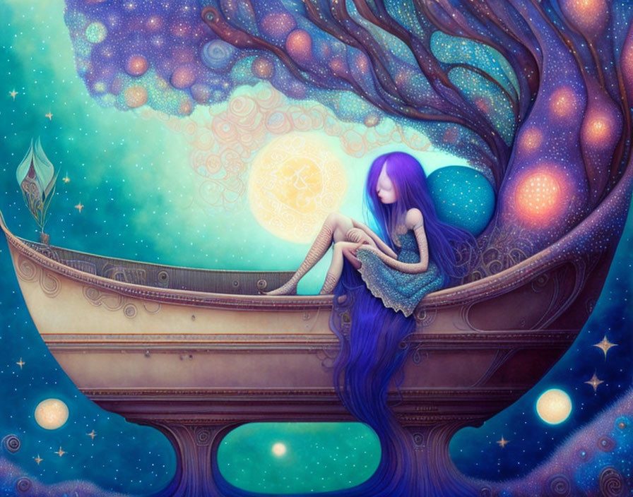 Girl with Long Purple Hair in Boat-Shaped Tree Under Starry Night Sky