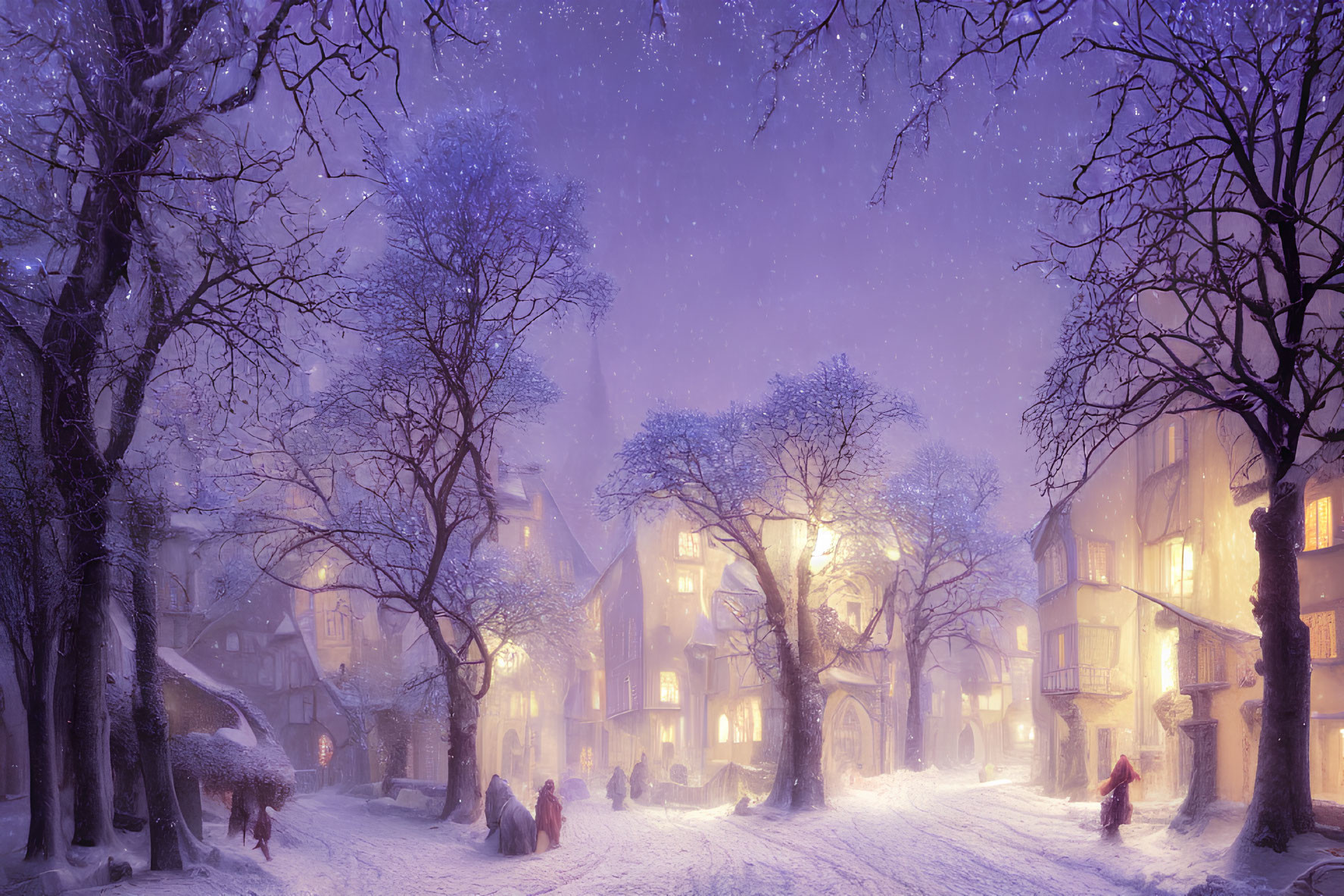 Snowy Twilight Scene in Old Town: Golden Light, Walking People, Snow-Covered Street