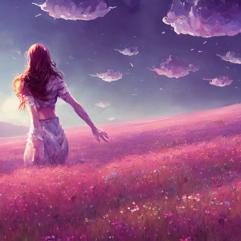 Woman running in vibrant pink flower field under surreal sky