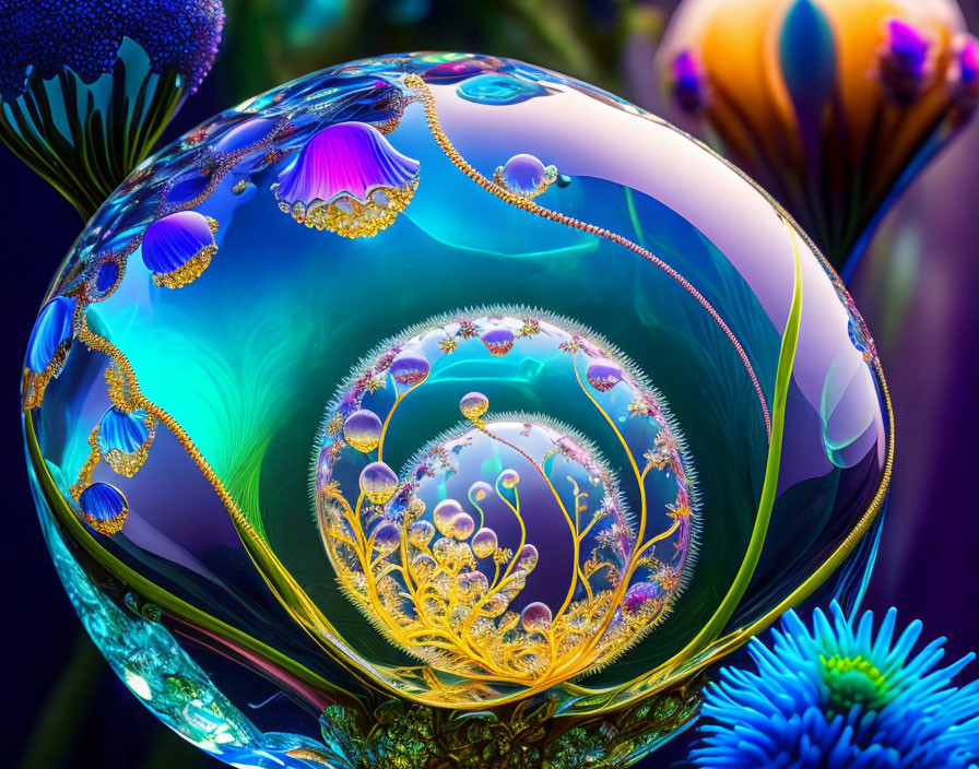 Colorful digital artwork: glossy spherical object with intricate fractal patterns and fantastical floral structures