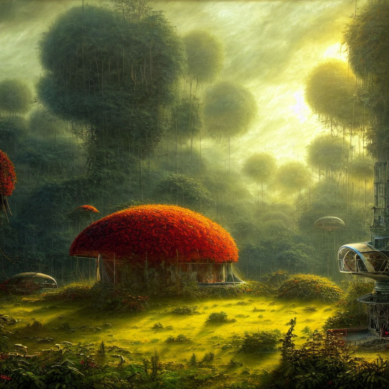 Surreal landscape with red-domed structure and lush greenery