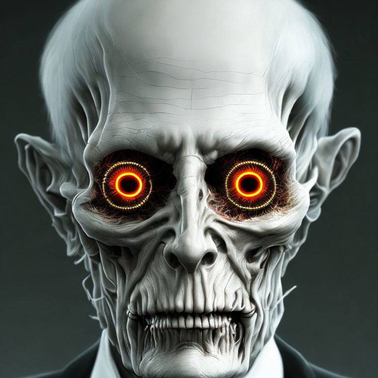 Digital artwork: Sinister figure with glowing red eyes and skull-like features in a suit.